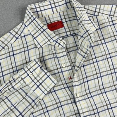 Isaia Napoli Dress Shirt 42 Size Large Blue White Striped Cotton Linen Blend