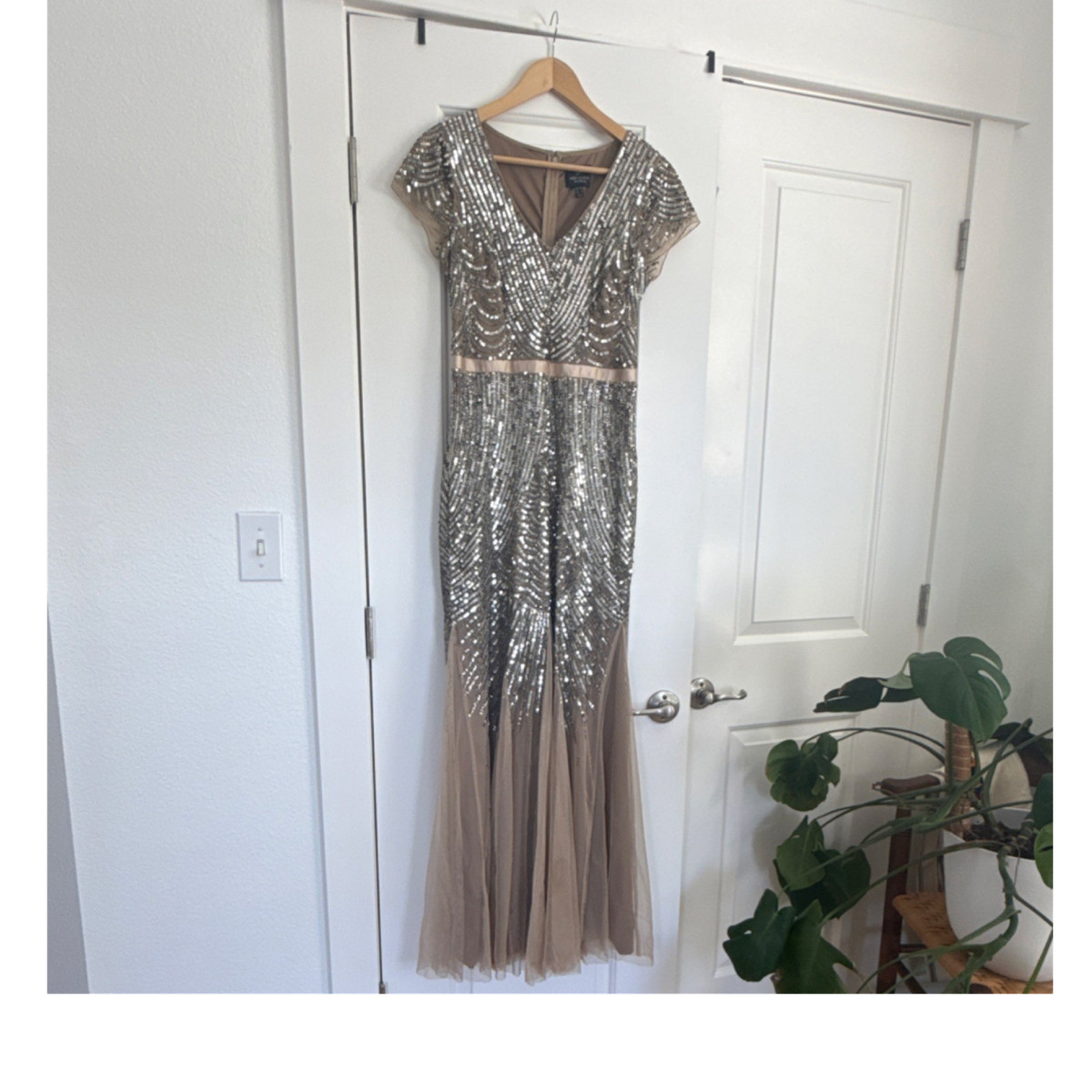 Adrianna Papell Mesh Sequin Gown Beige Silver Size 6 Formal V-Neck Cap  Sleeve