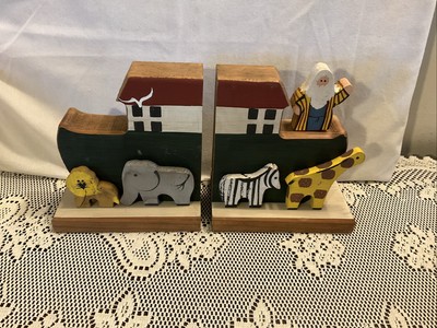Hand Painted  Wooden Noah's Ark Bookends Adorable and Functional Decor