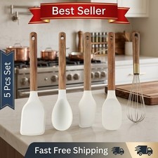 Wooden Kitchen Cooking Utensil 5-Piece Set Cook with Color Utensils Silicone
