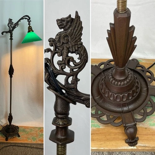REWIRED Antique Vtg Rembrandt Art Deco Bridge Floor Lamp Griffin Lion Green Glas