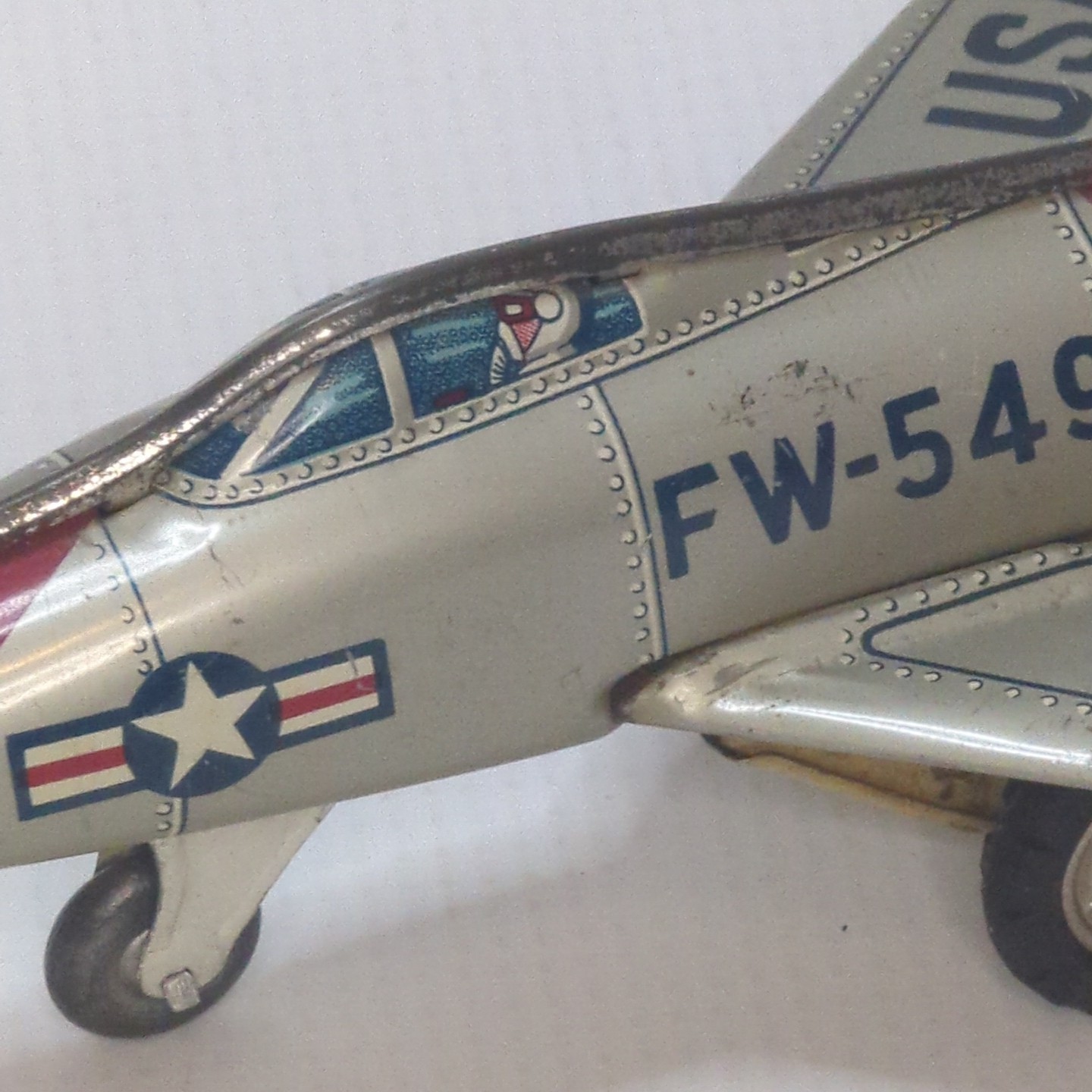 Vintage Tin Litho USAF F-100 Jet Toy 1950s Wind-Up Airplane 6" Japan Style