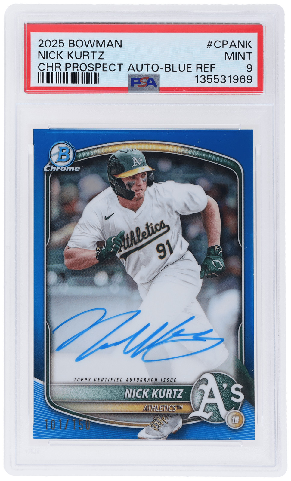 2025 Bowman Chrome Nick Kurtz Prospect Auto Blue Refractor #CPA-NK /150 PSA 9