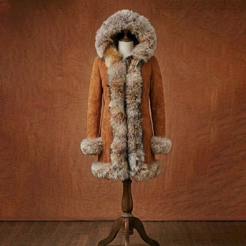 Women’s Tan Genuine Suede Leather Coat Hooded Parka with Real Raccoon Fur Trim - product listing photo