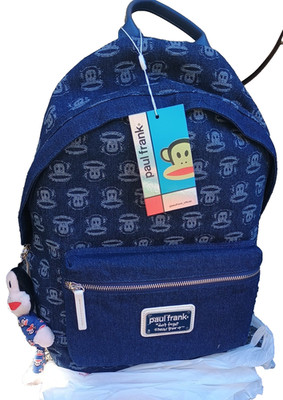 PAUL FRANK Dark Denim BACKPACK Don't Forget Never Grow Up Plush Sock Monkey Clip