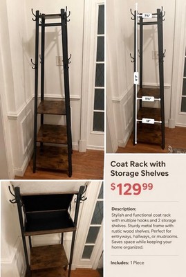 Freestanding Coat Rack with 2 Shelves, Metal/Wood, Black/Brown, 71 1/2 in