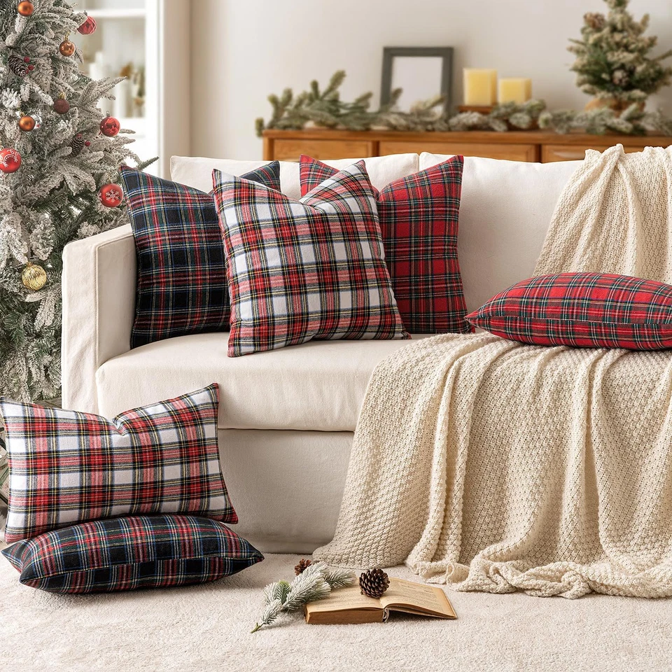 Christmas Set of 2 Scottish Tartan Plaid Lumbar Throw Pillow Covers Farmhouse Cl - Image 3 of 4