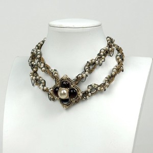 Authentic Chanel Necklace Coco Mark Double Strand Gold-Plated Pearls Rhinestones Women's