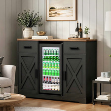 Large Wine Coffee Bar Cabinet with Fridge, 47 Farmhouse Sideboard with Drawers