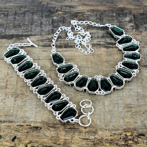 Emerald Lab-Created Gemstone 925 Sterling Silver Handmade Necklace Bracelet Set - Picture 3 of 4