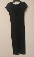 Zara Black Long Ribbed V Neck Short Sleeve Body Hugging Dress Size L VGC