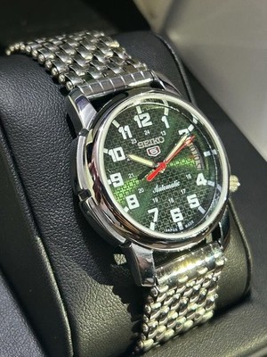 Vintage Seiko 5 Automatic Men's Wrist Watch, Green Dial, Stainless steel band