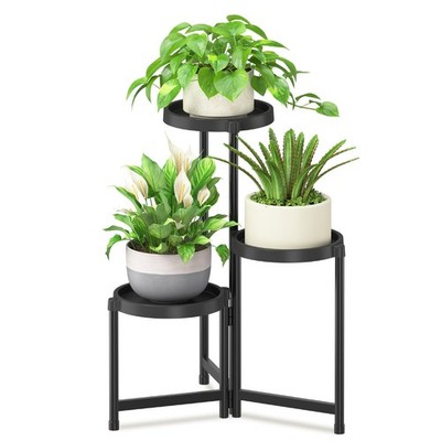 3 Tier Folding Plant Stand Indoor Outdoor with Plastic Tray, Tiered Corner Fl...