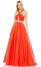 Mac Duggal Gown Dress Size 2 Red Rhinestones Full Bottom Halter Neck 67993