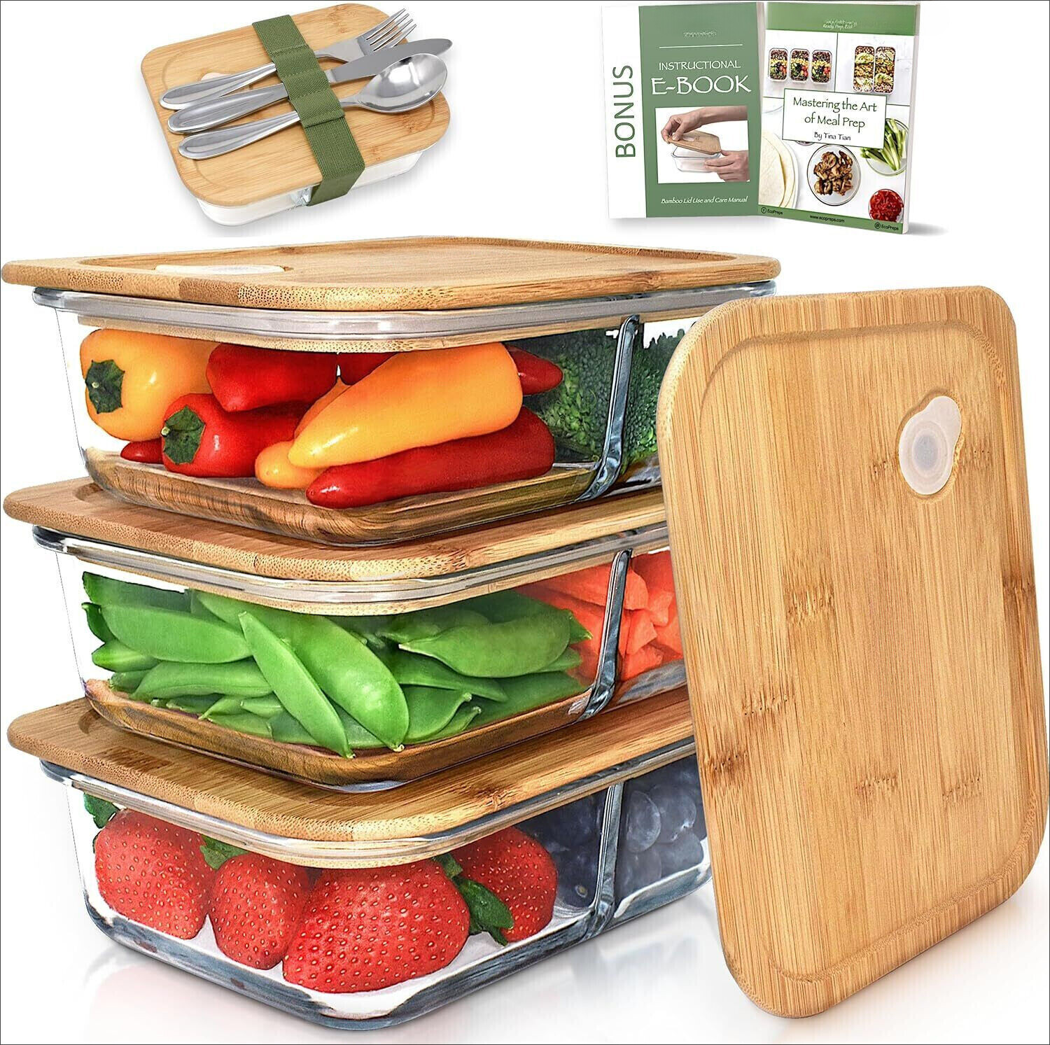 Glass Meal Prep Containers with Bamboo Lids, 2 Compartment G