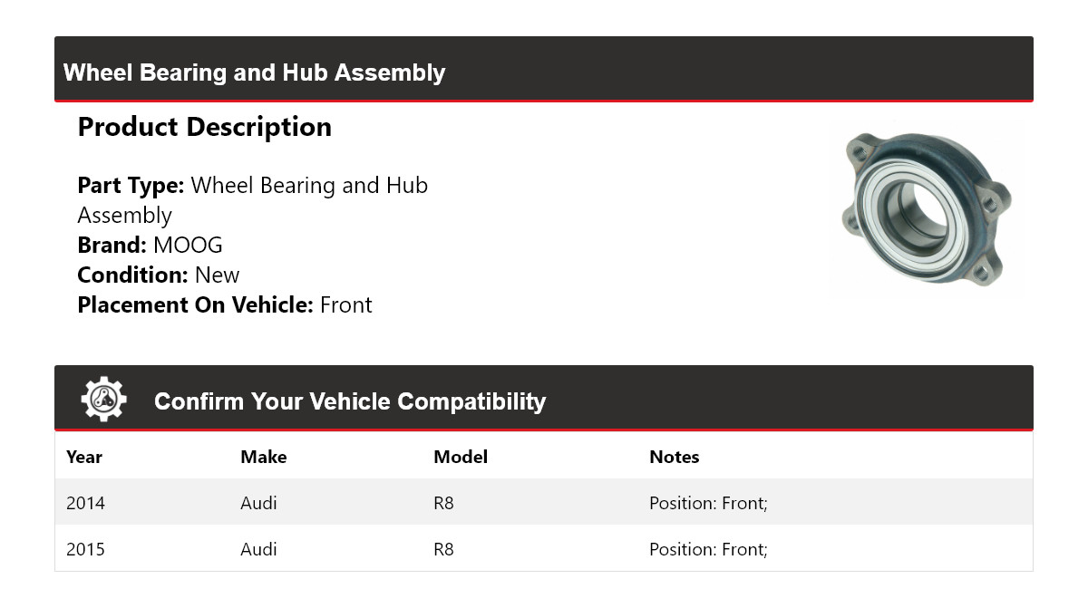 For 2014-2015 Audi R8 Wheel Bearing and Hub Assembly Front MOOG