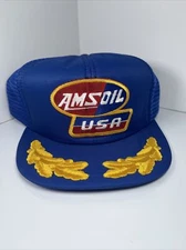 Vintage AMS Oil USA Blue Patch Snapback Trucker Mesh Hat Gold Leaf Amsoil
