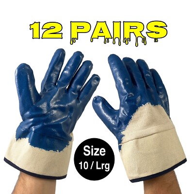  (12 Pair) Nitrile Coated Heavy Duty Work Gloves w Cuff, Cut Chemical Resistant