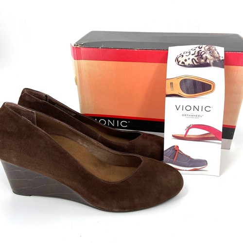Vionic Antonia Leather Wedge Heels Arch Support Comfort Shoes Brown Size 11