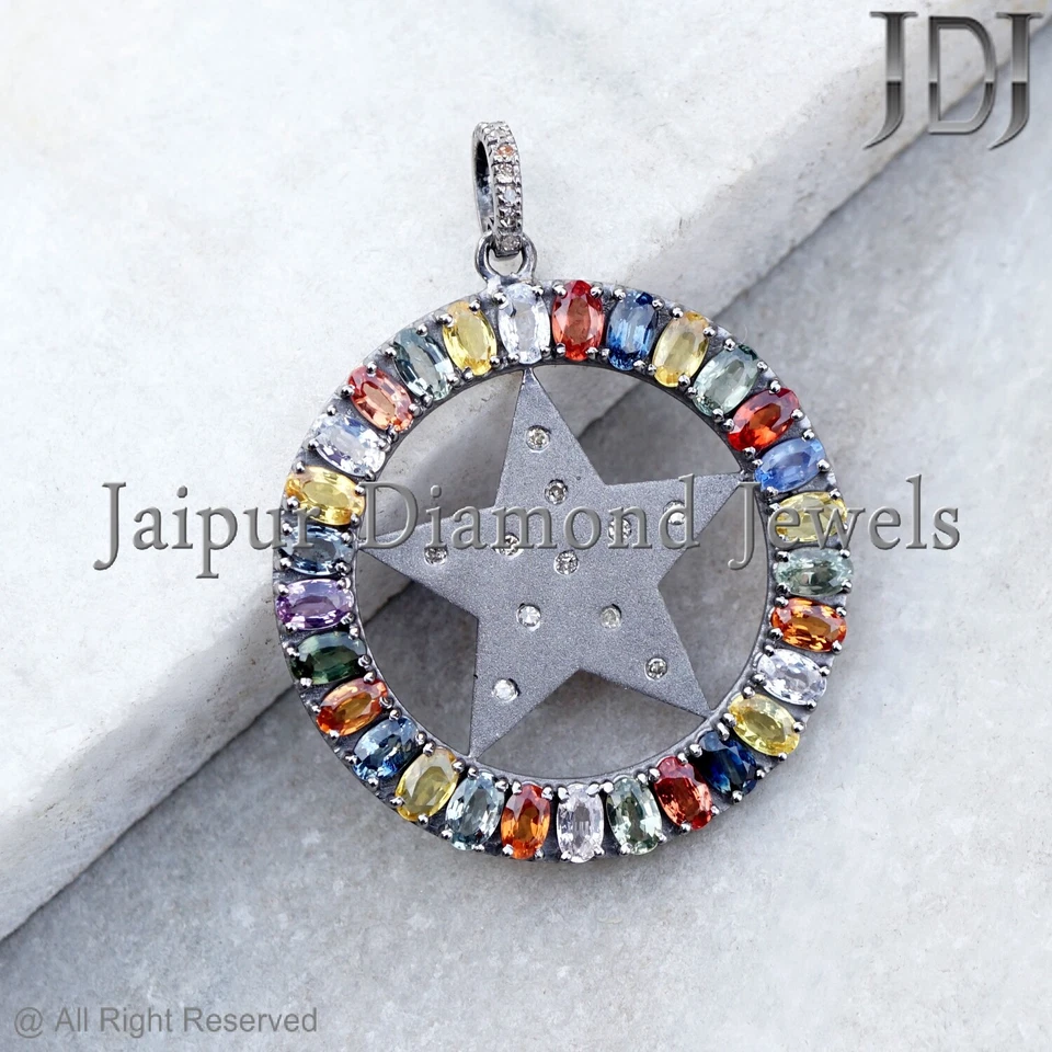 Edelstein Multi-Saphir Stern Anhänger 925 Silber Pavé Diamant Religiöser Schmuck - Bild 3 von 4
