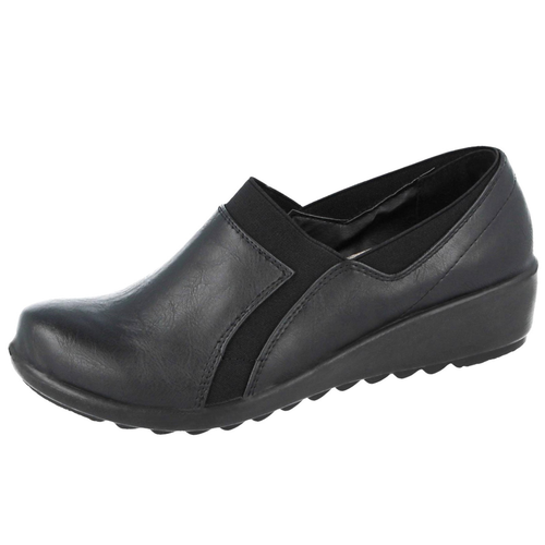 Ladies Cushion Walk Black Faux Leather Slip On Loafer Mary Jane Low Wedge Shoes - Picture 2 of 26