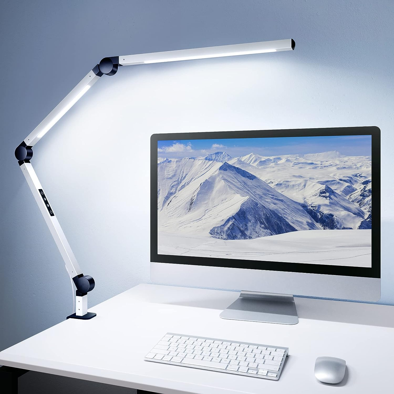 LED Desk Lamp with Clamp, Dual Light Desk Lamp with Swing Arm, Dimmable 4 Color