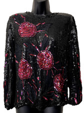 Vintage 90s Silk Sequin Floral Top WhimsiGoth Fairy Dark Romantic S 99