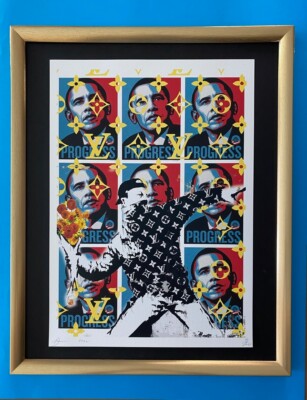 DEATH NYC Hand Signed LARGE Print Framed 16x20in COA POP OBAMA PROGRESS BANKSY