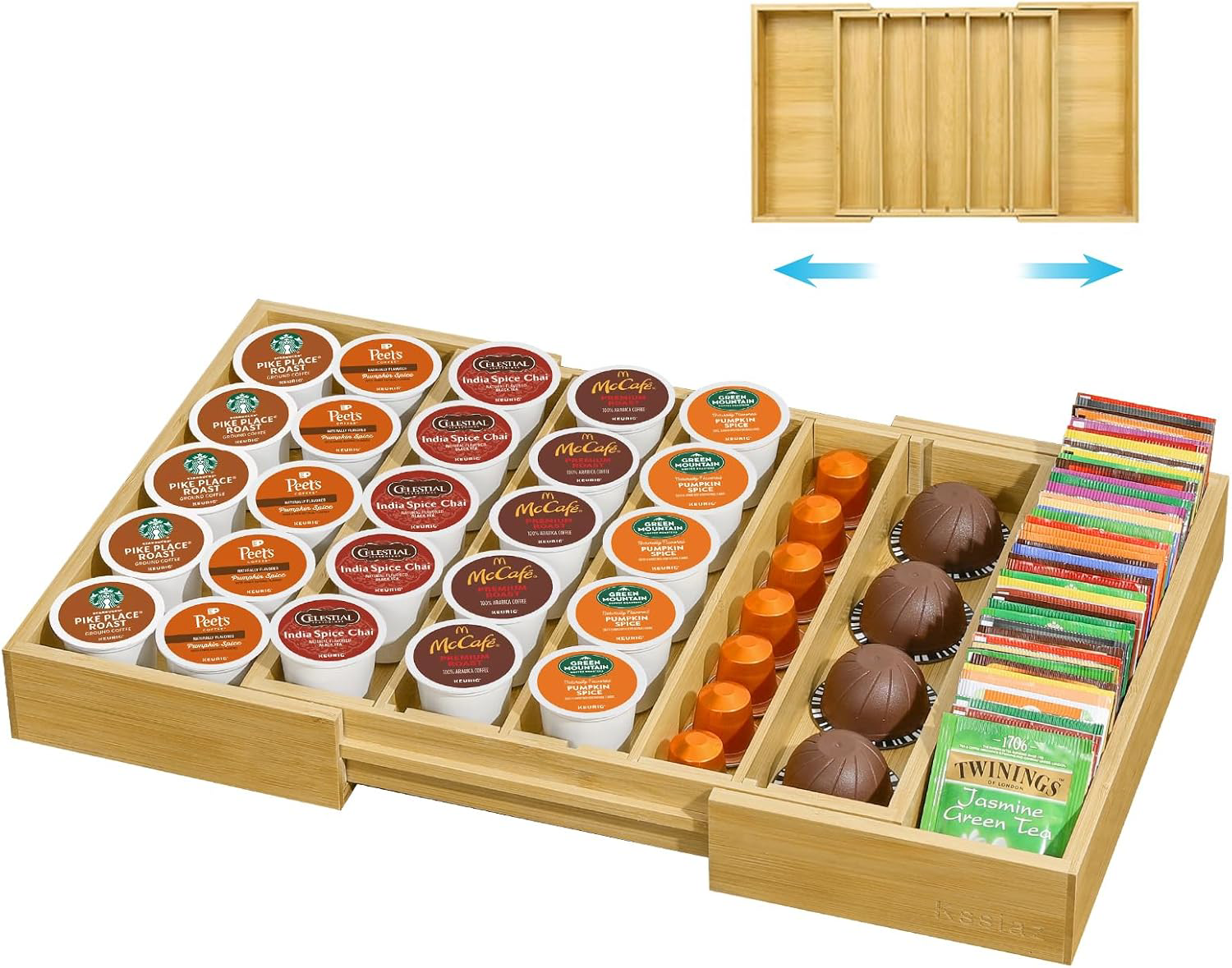 Coffee Pod Holder Drawer, Bamboo K Cup Holder Compatible with Nespresso Vertuo K