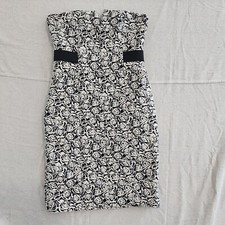 New Halston Heritage Dress Womens 6 Black White Floral Jacquard Strapless Mini
