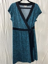 Dana Buchman Blue & Black Faux Wrap Cap Sleeve Womens Dress Sz XL Tie Waist Midi
