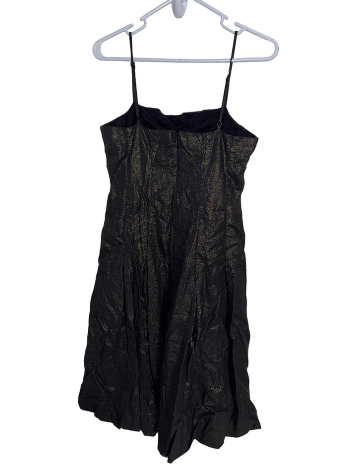 Vestido BCBG Maxazria alça espaguete bainha bolha mistura de linho tamanho 6 preto cobre - Imagem 3 de 4