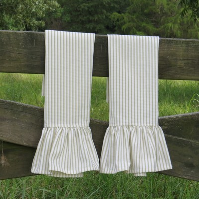Pair of Farmhouse Towels Kitchen Tea Guest Bath Ruffled Ticking Stripe Gingham