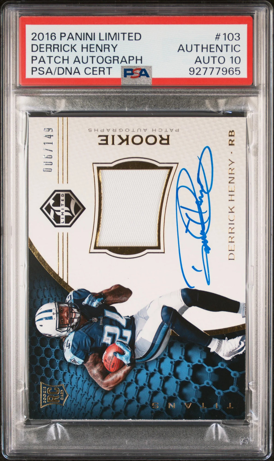 2016 Panini Limited Derrick Henry Patch Autograph 006/149 #103 PSA A