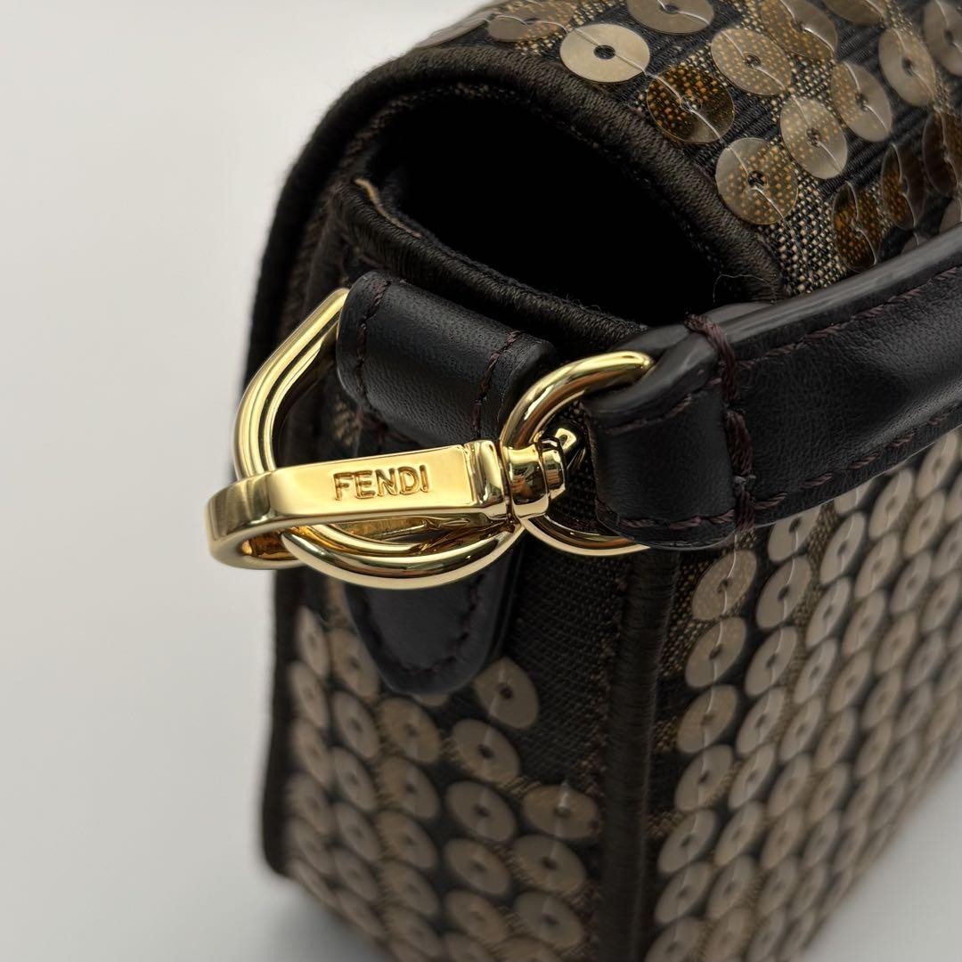 FENDI Mini Bucket Sequin Leather 2-Way Bag Gold Chain Small Used