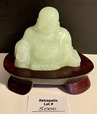 Carved Jade Green Unknown Stone Happy Buddha Figurine on Wood Base