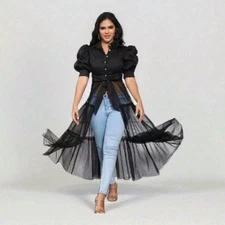 Ekaliy Long Sleeve High Low Dress Women 2XL Black Asymmetrical Ruffle