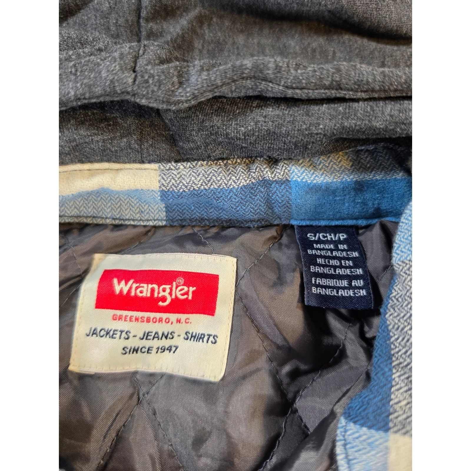 Wrangler Men Blue Plaid Hooded Quilted Flannel Shirt Jacket Size Small 112374180 image 4