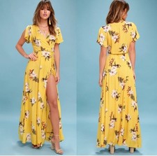 Lulu's Yellow Floral Heart of Marigold Wrap Dress Medium M Tropical  Maxi Rayon