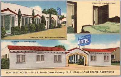 Vintage 1947 LONG BEACH California Postcard ''MONTEREY MOTEL'' Highway 101 LINEN