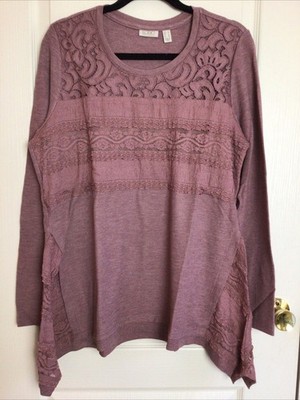 logo by lori goldstein Mauve waffle & rib knit Asymmetrical hem Top with lace L