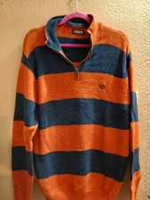 chaps 1/4 zip Fleece sweater pullover mens Large Orange Blue Stripped