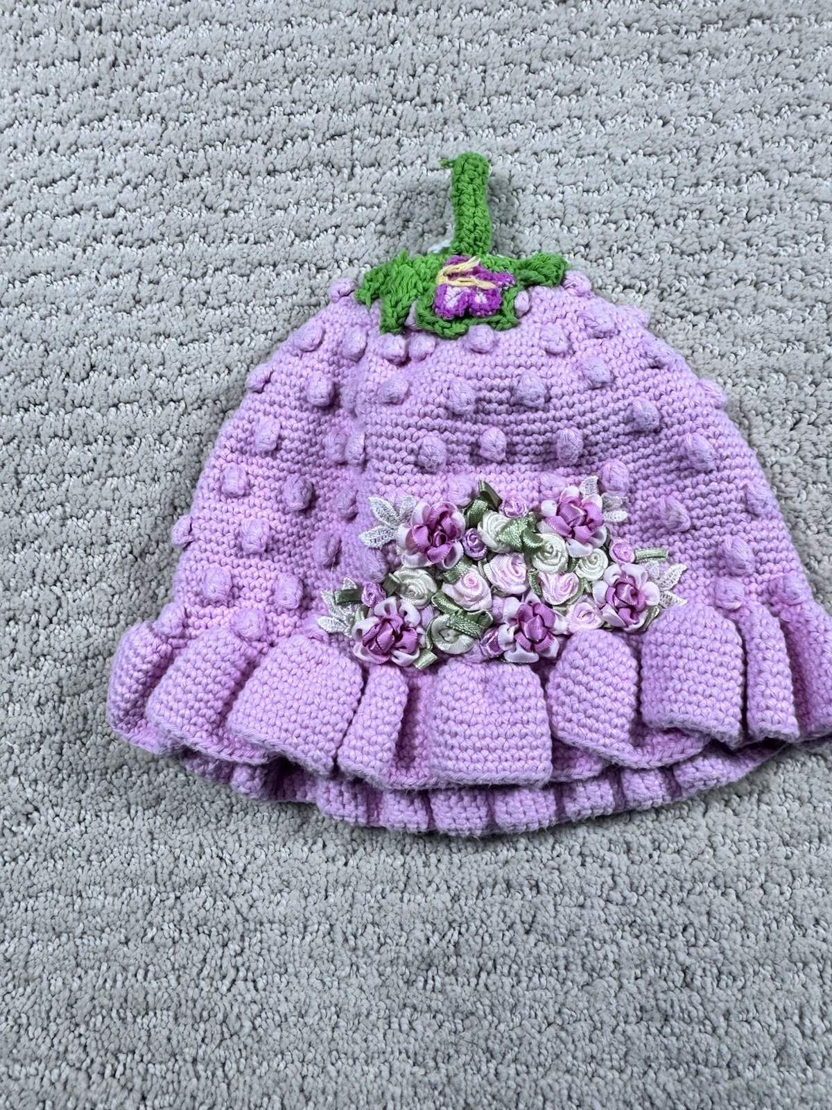 Hand & Heart Knit Crocheted Infant Pink Flower Baby Hat 100% Cotton