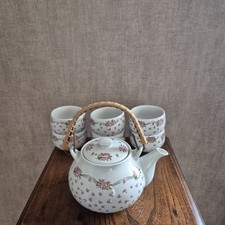 Service à thé vintage 7 pièces céramique fleurs roses anse bambou rétro