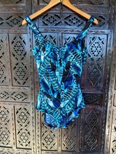 VTG Feather Print One Piece Swimsuit Womens 10 Ruched Slimming Blue Teal 90s
