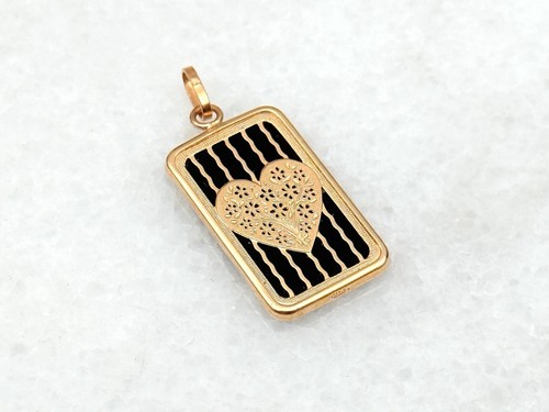 VINTAGE 14K YELLOW GOLD LOVE HEART ONYX CHARM PENDANT