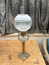 VICTORIAN OIL LAMP - Patterned glass, Column with Double Wick.  27.5 inches High