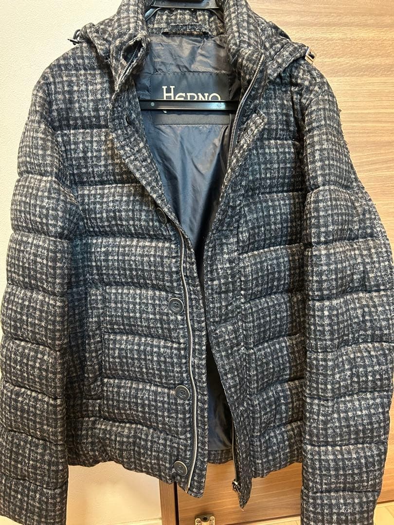 Herno Checked Down Jacket Gray Feathers Removable… - image 1