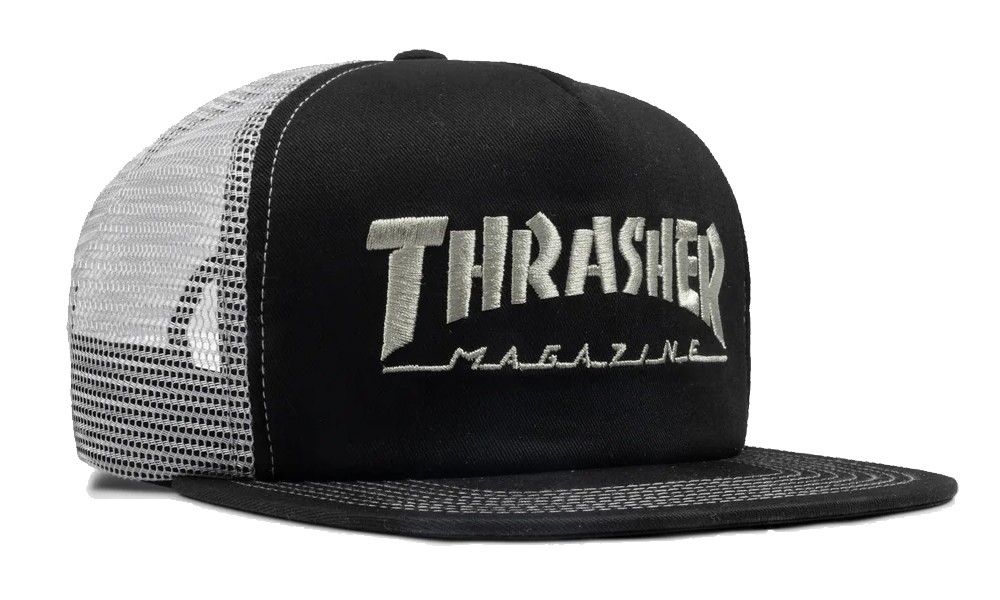 Thrasher Magazine EMBROIDERED SKATE MAG LOGO Skateboard Trucker Hat BLACK/GREY