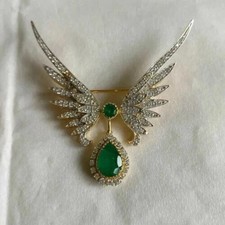 Natural Green Emerald 5CT Pear Cut Women's Brooch Pin 14K Yellow Gold Plated